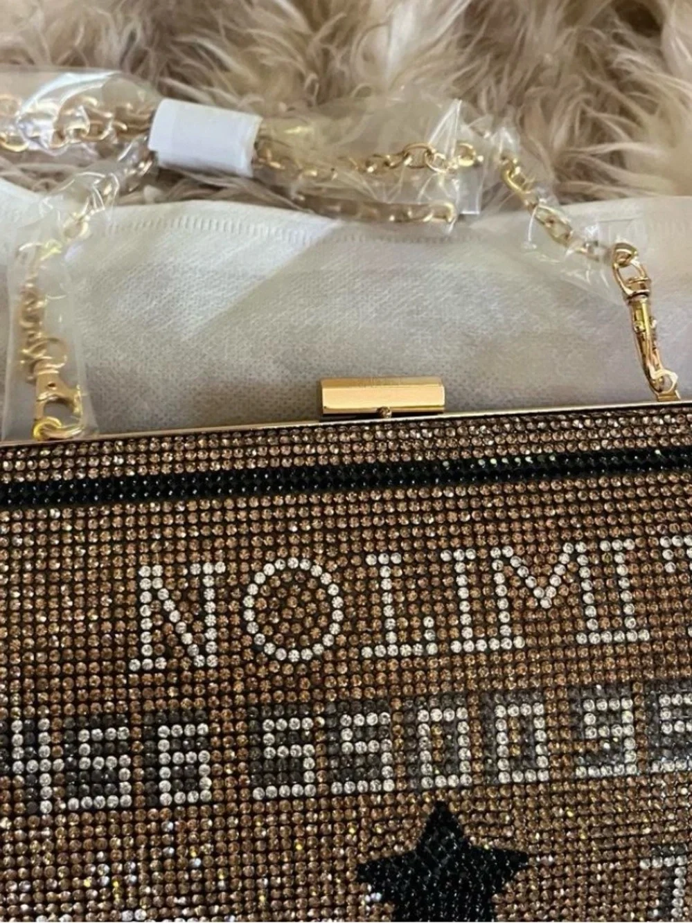 Gold Rhinestone Crystal Minaudiere with Black Star Accent